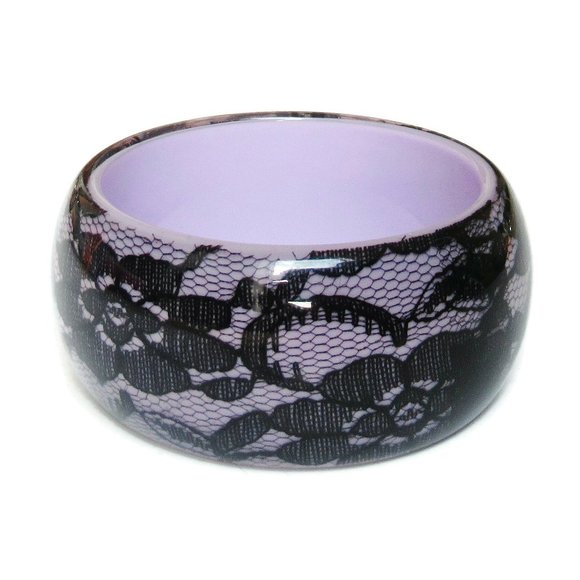 Purple Black Lace Efect Bangle Embedded Lacy Lucite Chunky Cuff - Picture 2 of 5